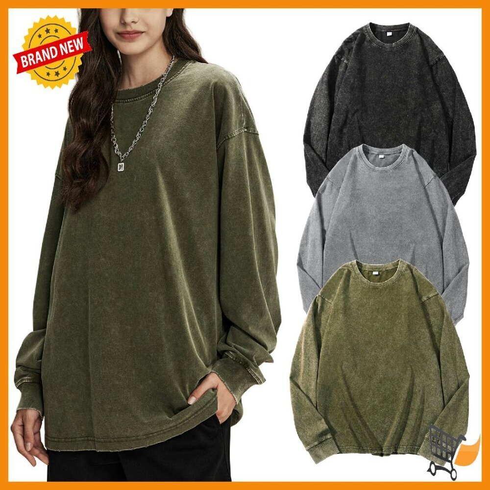 Oversized Cotton Long Sleeve T-Shirt Vintage Acid Wash Baggy Fit